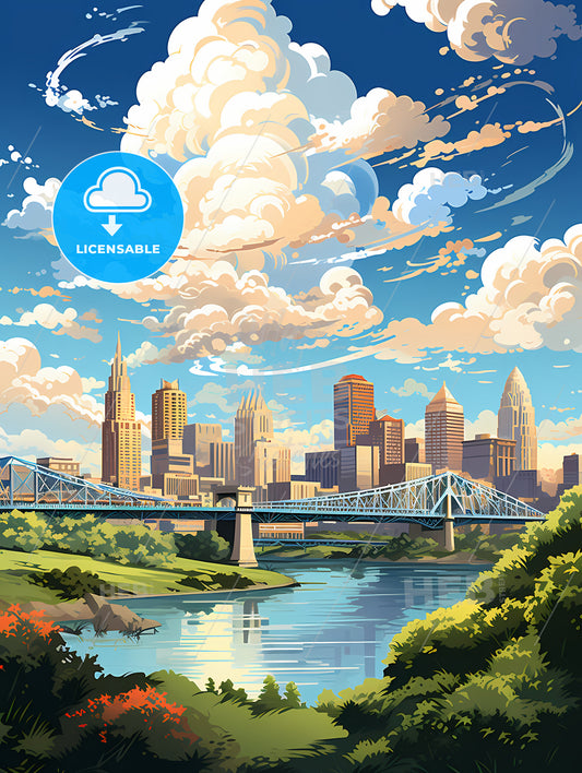 A Bridge Over A River With Trees And A City In The Background