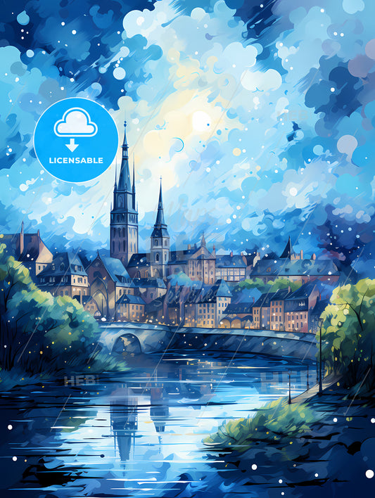 A Painting Of A City With A Bridge And Trees