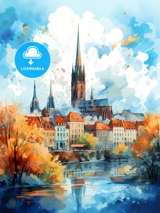 A Painting Of A City With A Church And A River