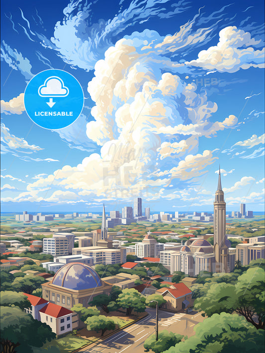 A City Landscape With A Large Cloud In The Sky