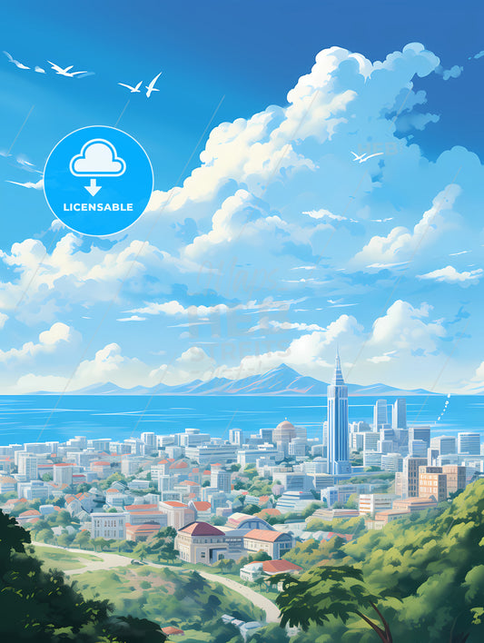 A City With A Body Of Water And Birds Flying In The Sky