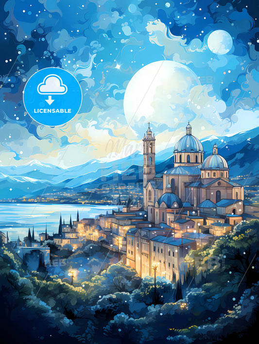 A City With A Large Moon In The Sky