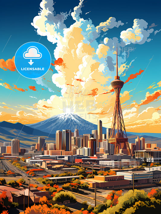 A City With A Mountain In The Background