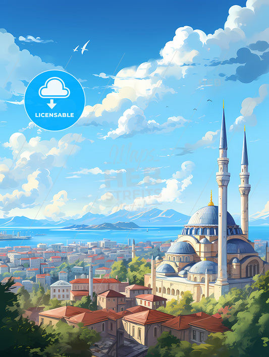 A Building With Towers And A City In The Background