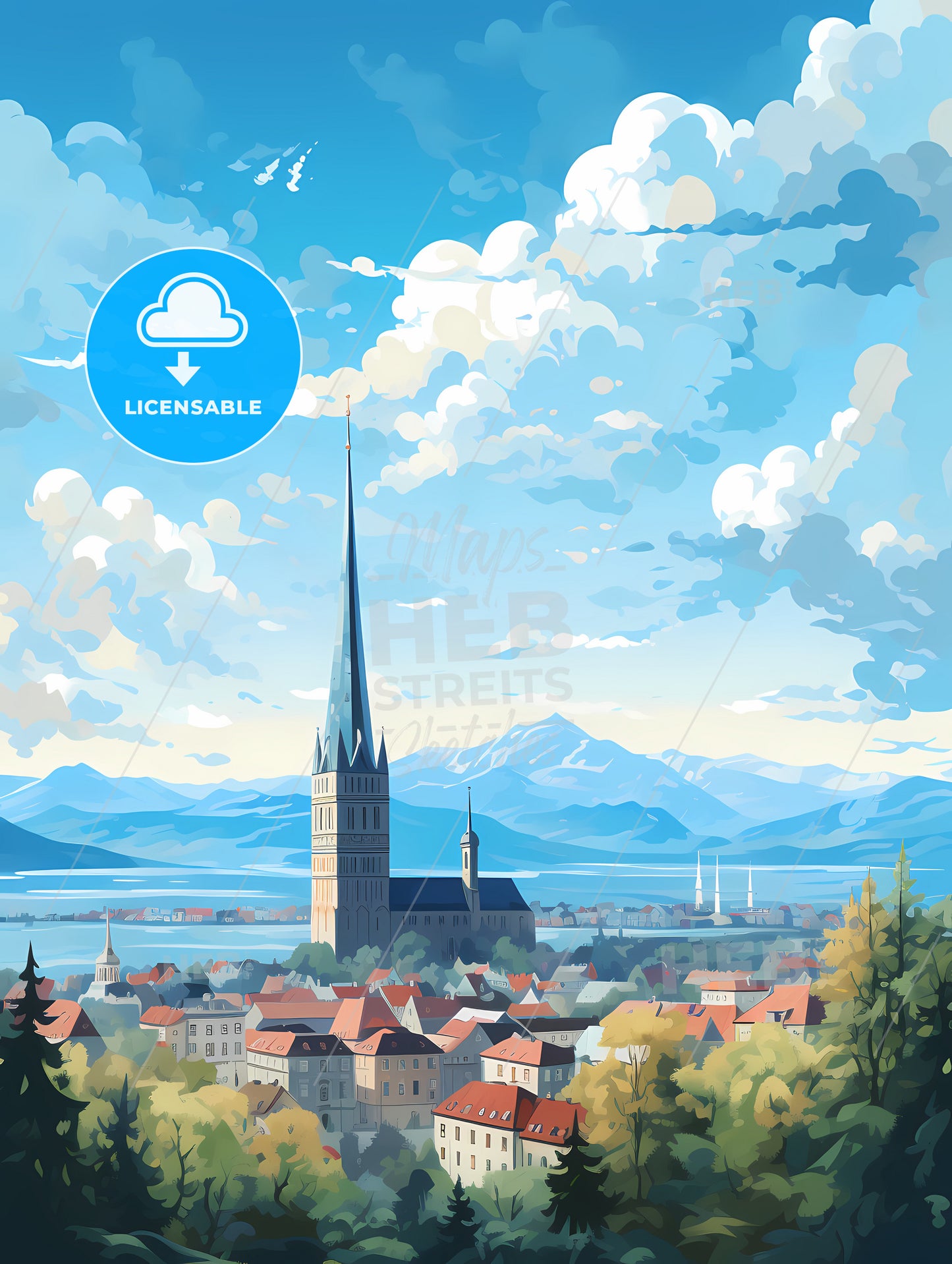 A City With A Tall Tower And A Lake And Mountains