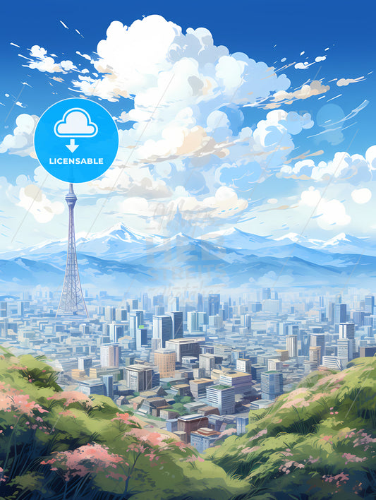 A City Landscape With Mountains And A Tower