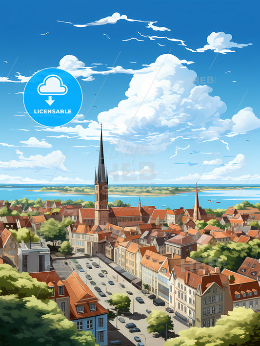 A City With A Tower And A Body Of Water