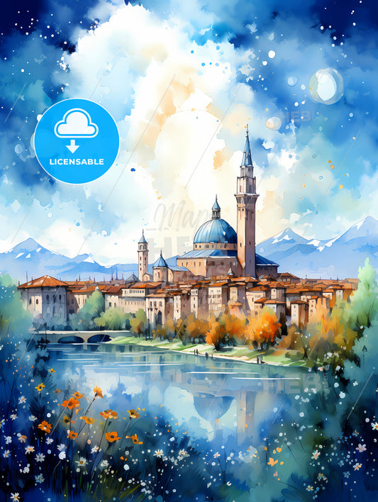 A Watercolor Painting Of A Castle And A River