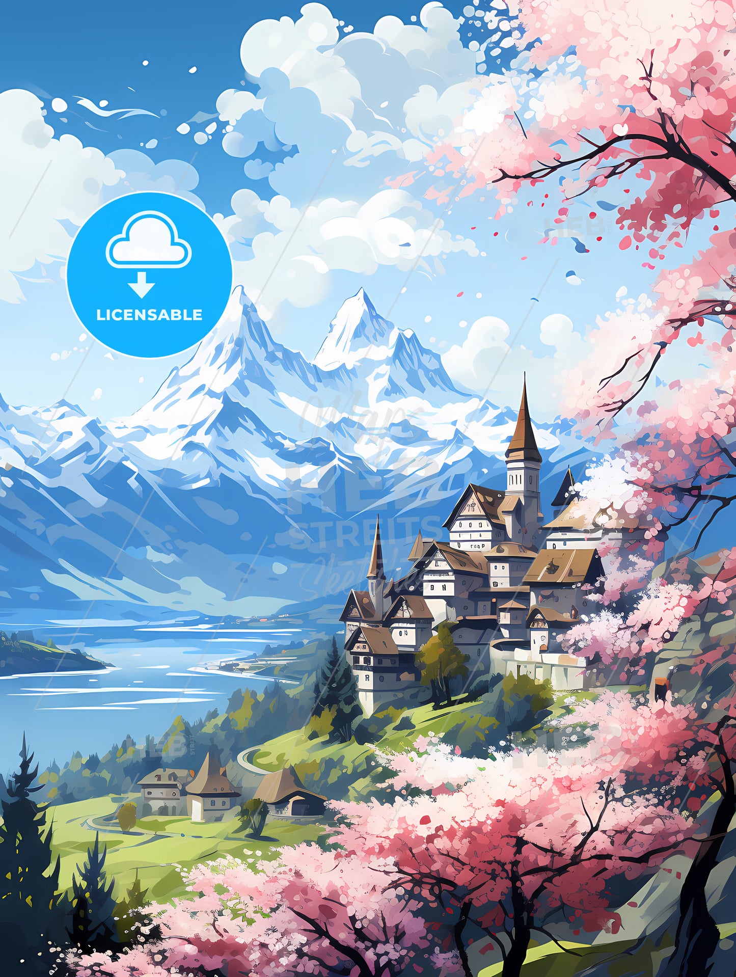 A Landscape Of A Mountain And A Lake With A Town And Trees