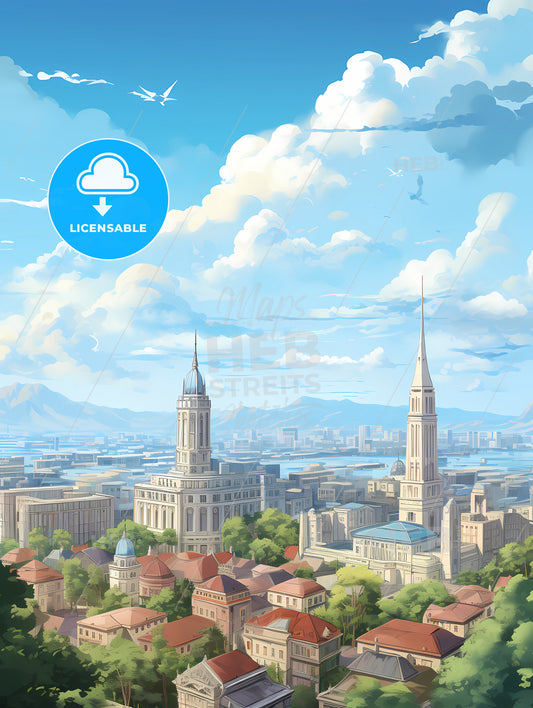 A City With Many Towers And Trees