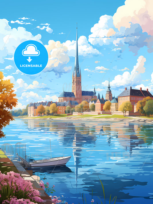 A Water Body With A Boat And A Building In The Background