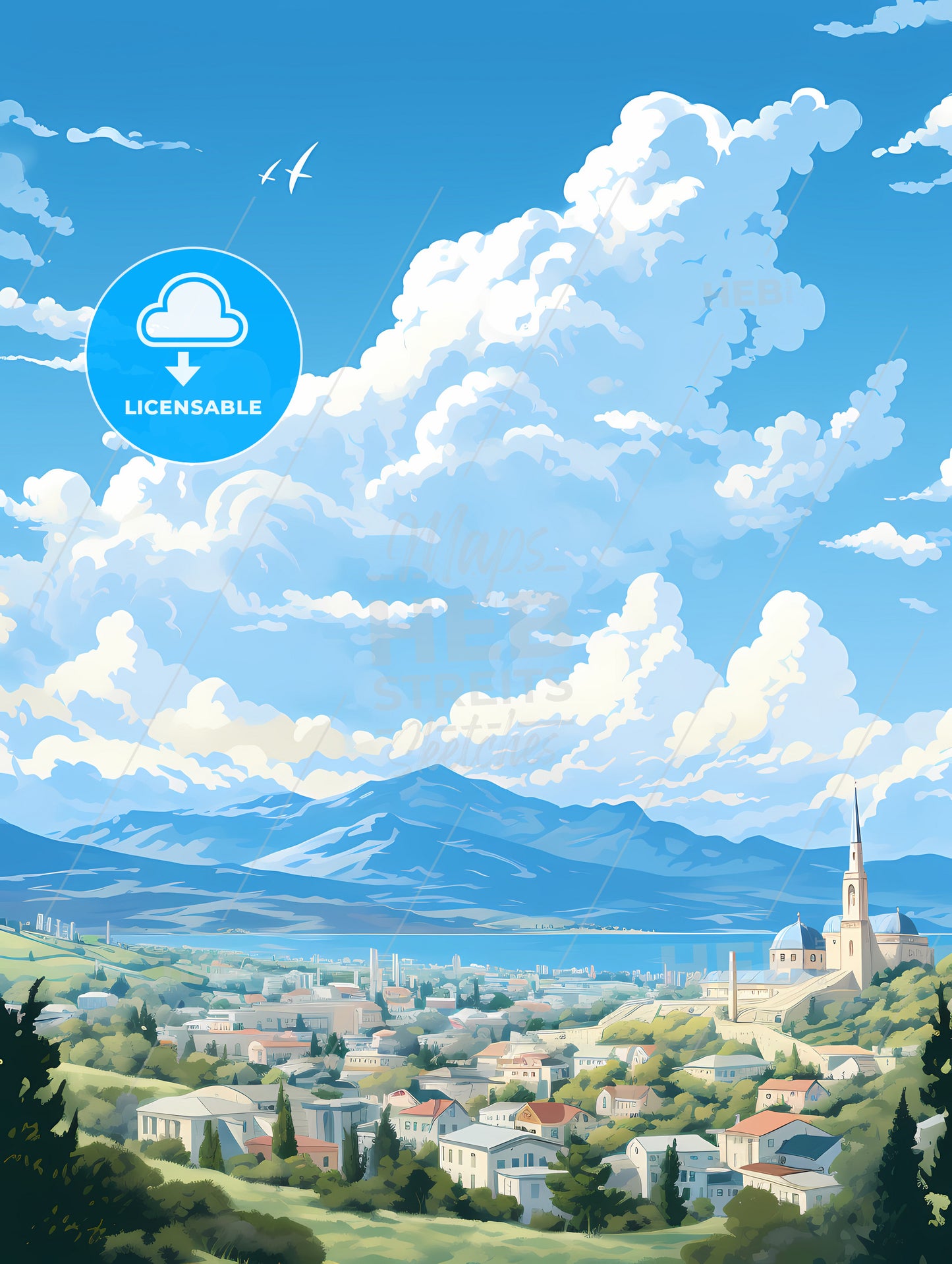 A Landscape Of A Town With Buildings And Mountains
