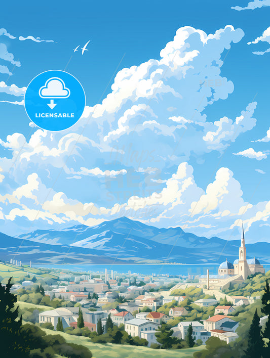 A Landscape Of A Town With Buildings And Mountains