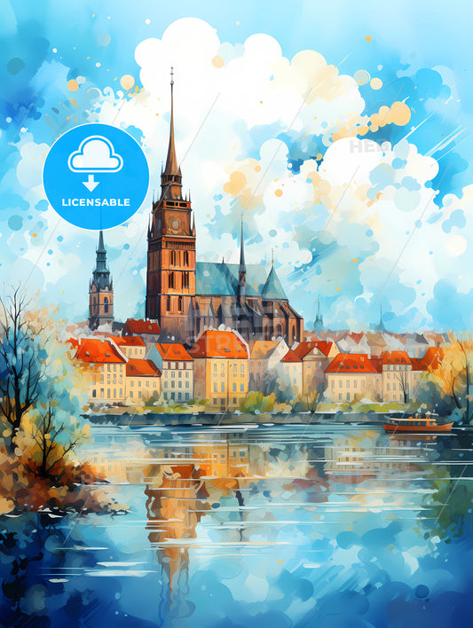 A Watercolor Painting Of A City With A Tower And A Lake