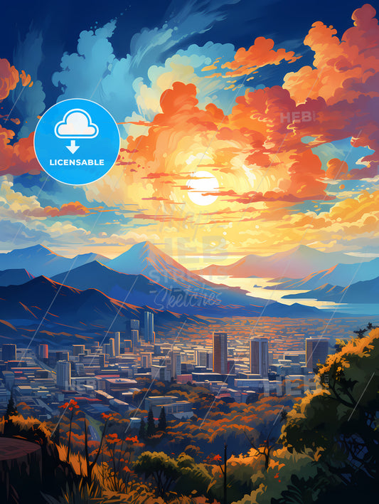 A Cityscape With Mountains And Trees