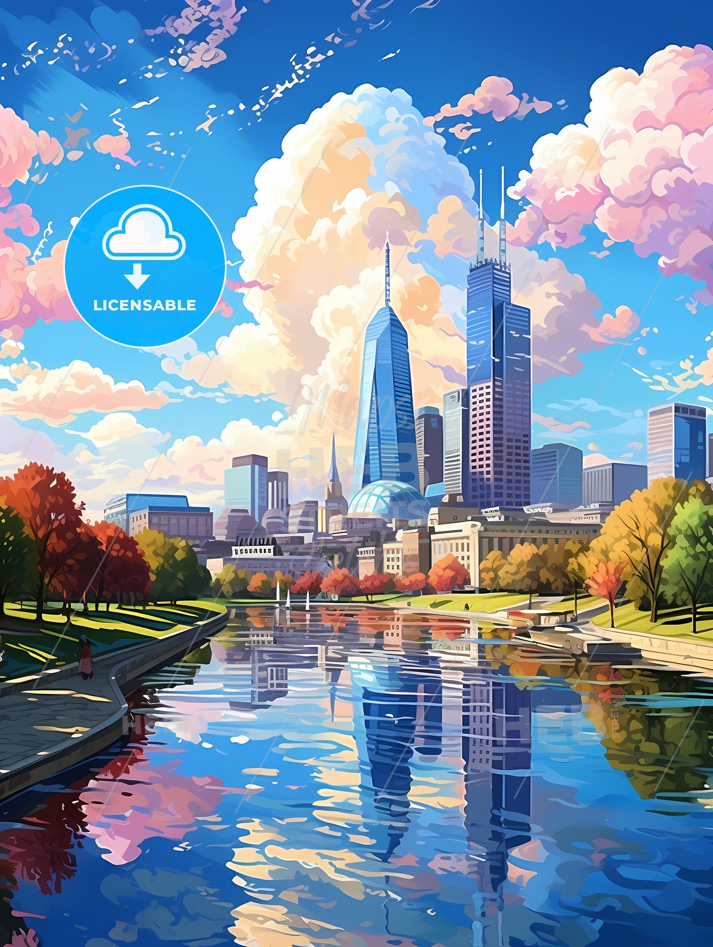 A Cityscape With Trees And A River