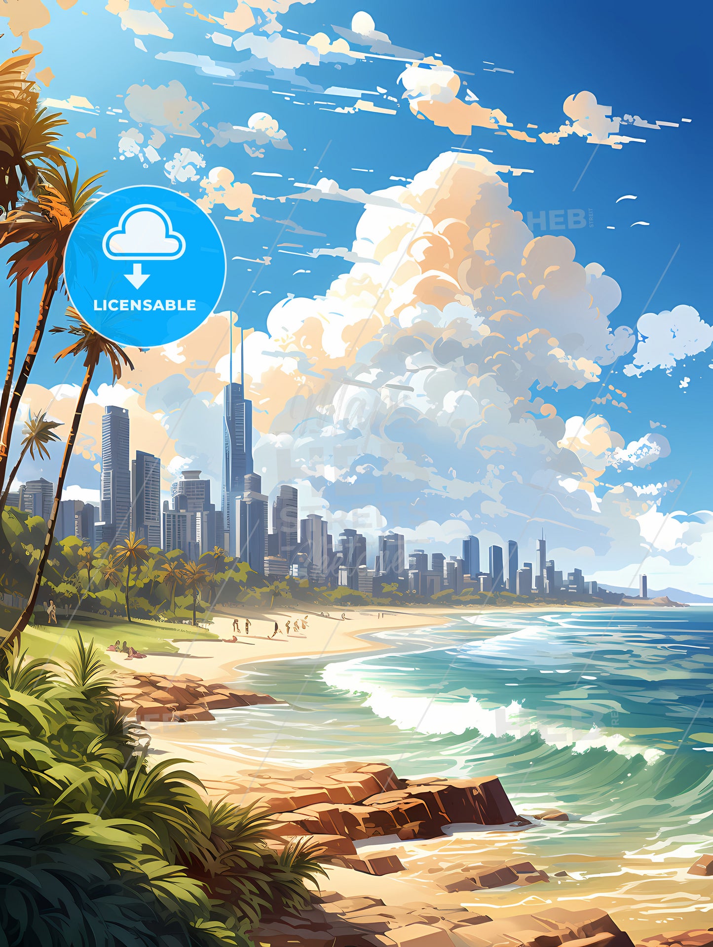 A Beach With Palm Trees And Buildings