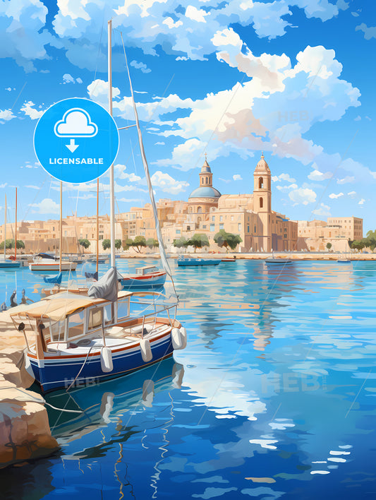 A Painting Of A Harbor With Boats And Buildings In The Background