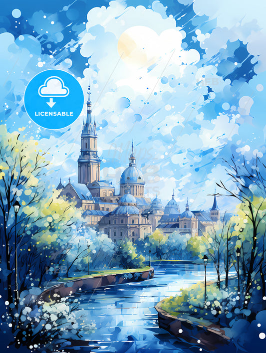 A Watercolor Painting Of A Castle And Trees