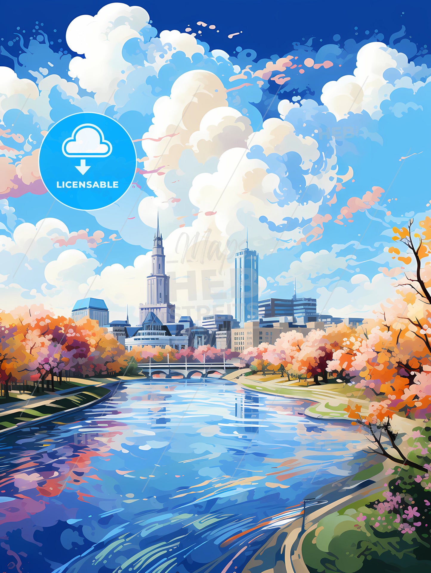 A River With Trees And A City In The Background