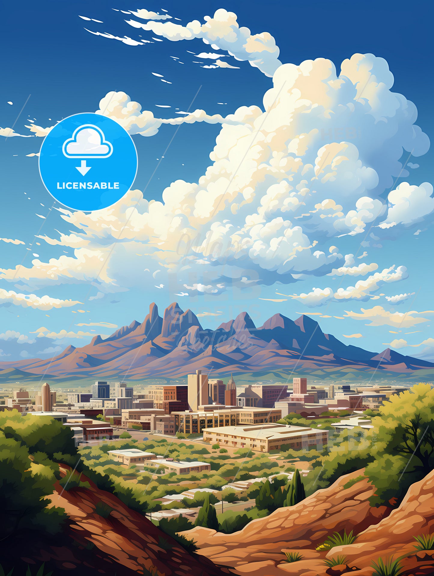 A Landscape Of A City With Mountains In The Background