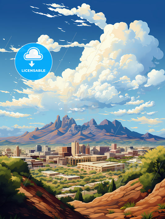 A Landscape Of A City With Mountains In The Background