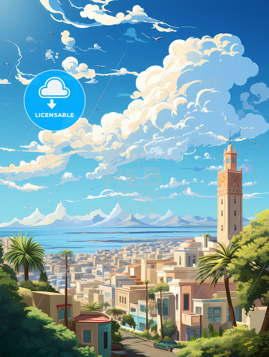 A City With A Tall Tower And Trees And Mountains In The Background