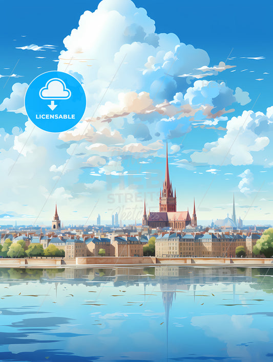 A City With A Tower And A Body Of Water