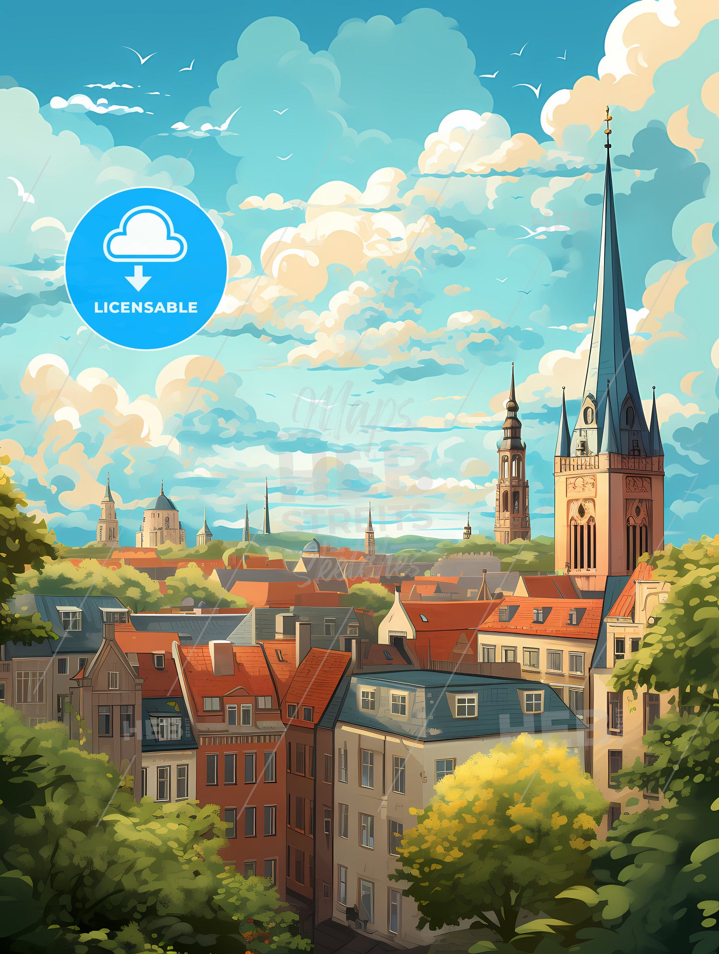 A City With A Tower And Trees