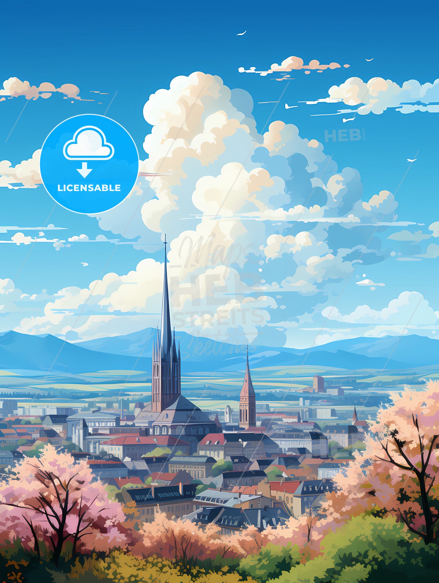 A City With A Tall Spire And Trees And Mountains In The Background
