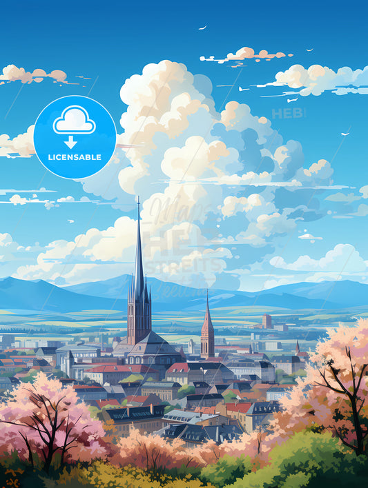 A City With A Tall Spire And Trees And Mountains In The Background
