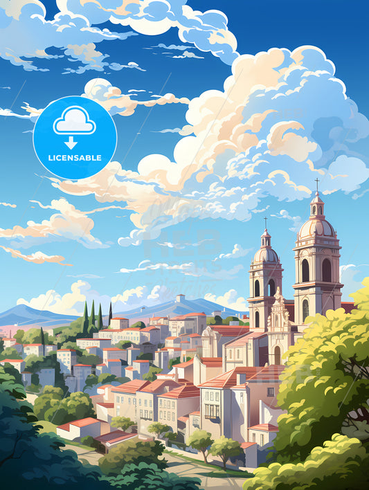 A City With A Church And Trees