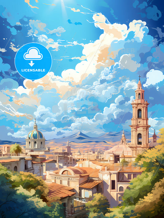 A City With A Tower And Trees