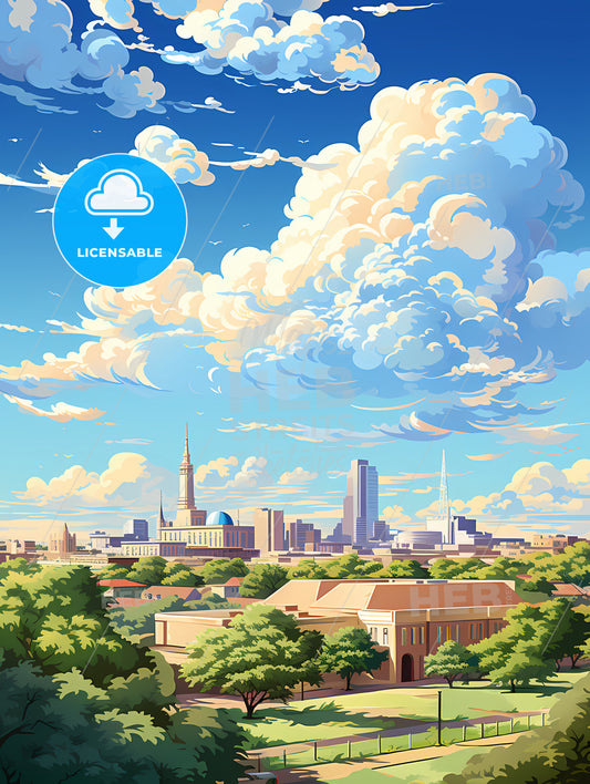 A Landscape Of A City With Trees And Buildings