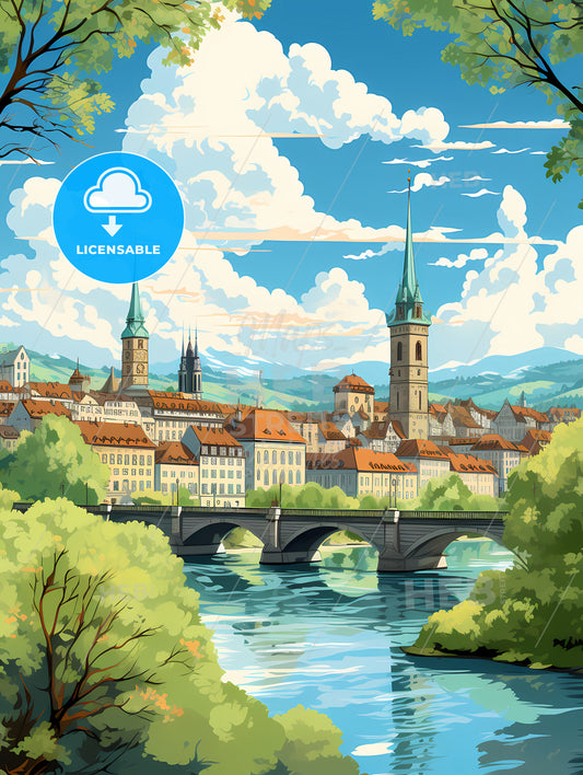 A Bridge Over A River With Trees And Buildings