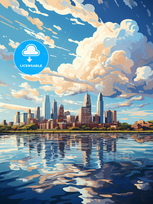 A City Skyline With A Body Of Water And Clouds