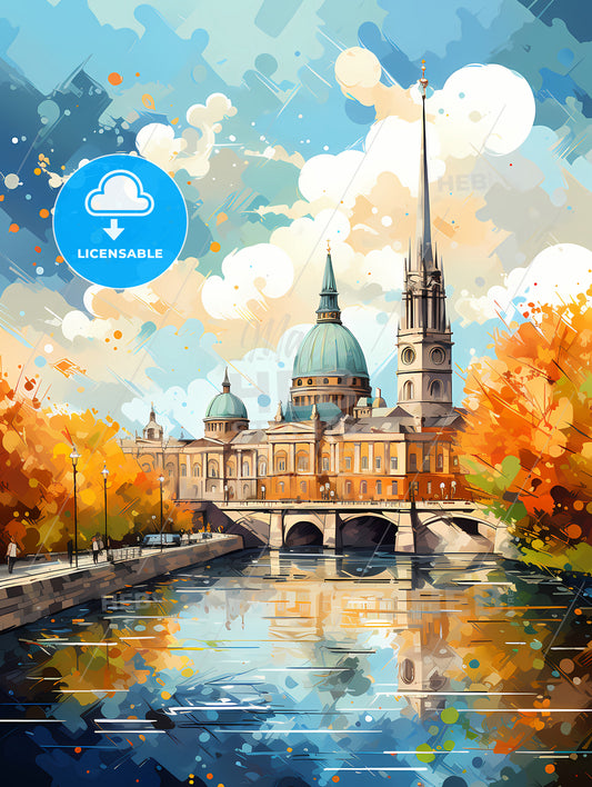 A Water Canal With A Building And Trees