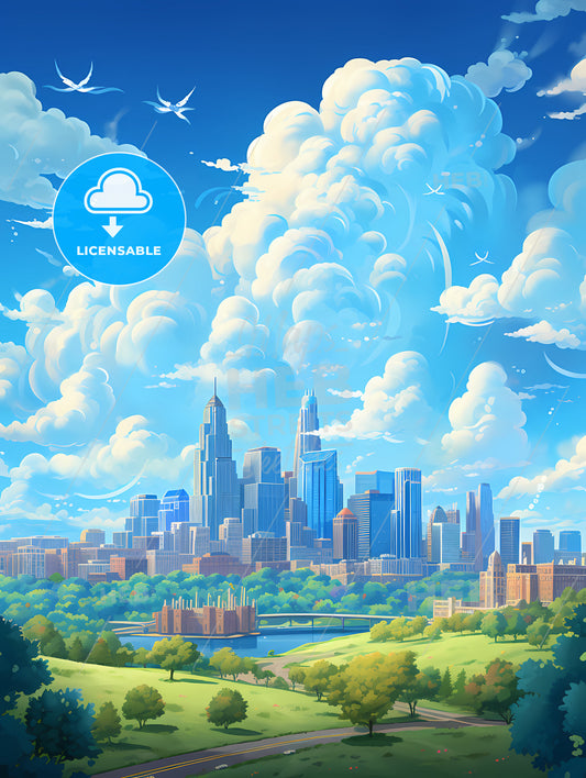 A Landscape Of A City With A River And Clouds In The Sky