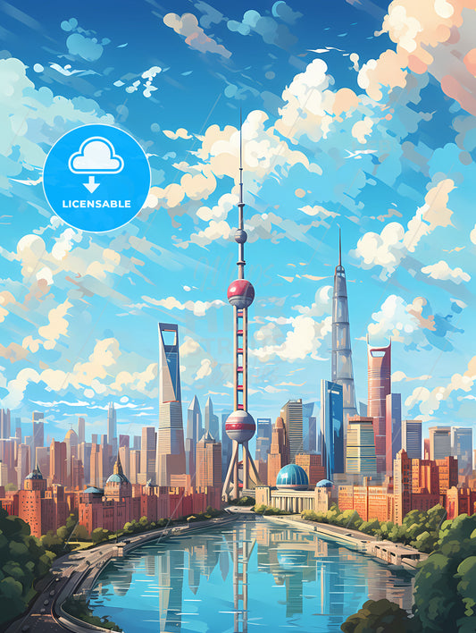 A City With A Tall Tower And A River