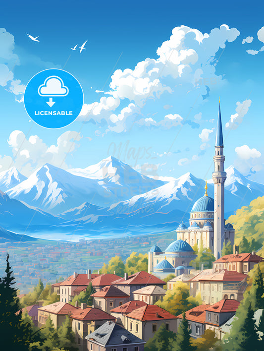 A City With A Tower And Mountains In The Background