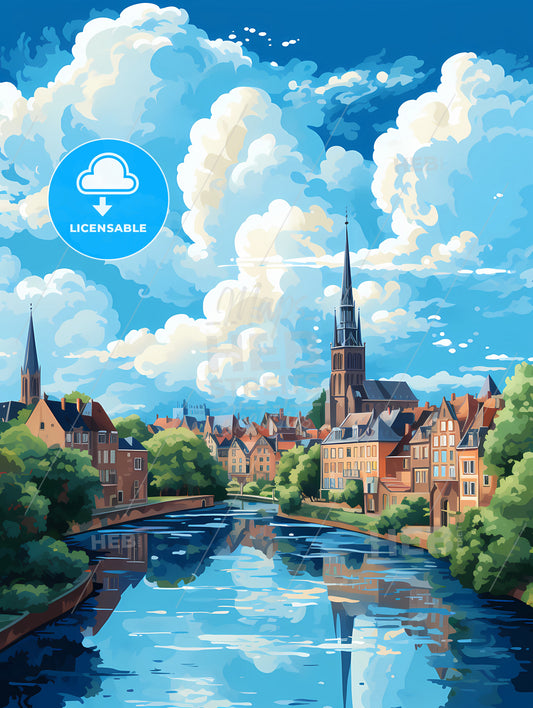 A River With Trees And Buildings In The Background