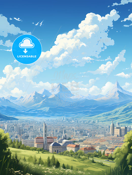 A Landscape Of A City With Mountains And Trees
