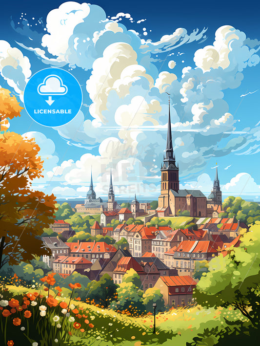 A City With A Tower And Trees