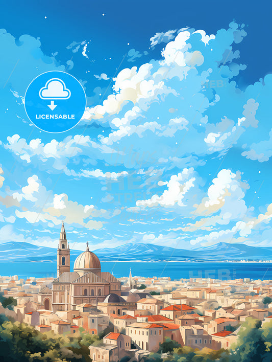 A City With A Tower And A Body Of Water