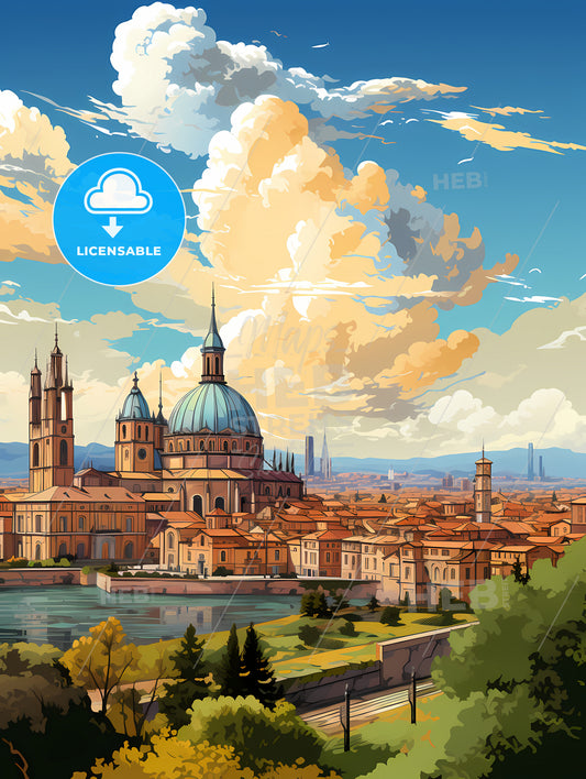 A City With A Blue Dome And Towers