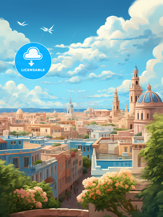 A City With A Blue Sky And Clouds