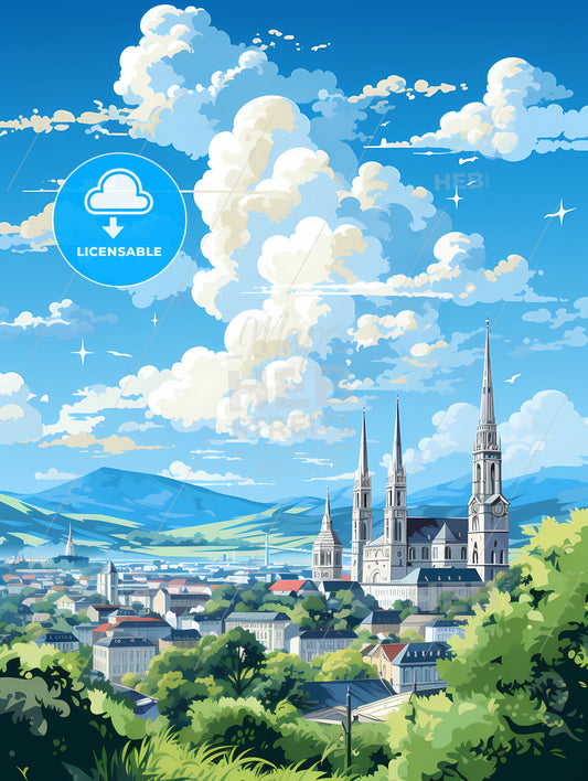 A City With A Large Building And Trees