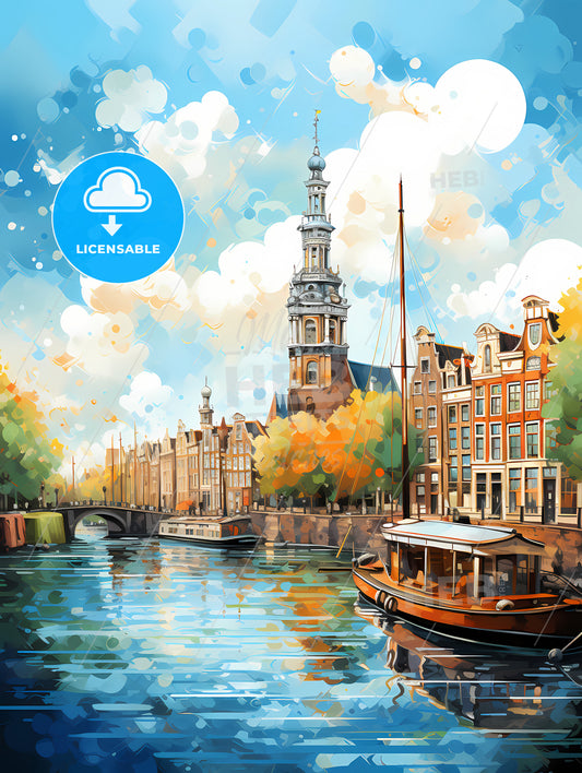 A Water Canal With Boats And A Tower