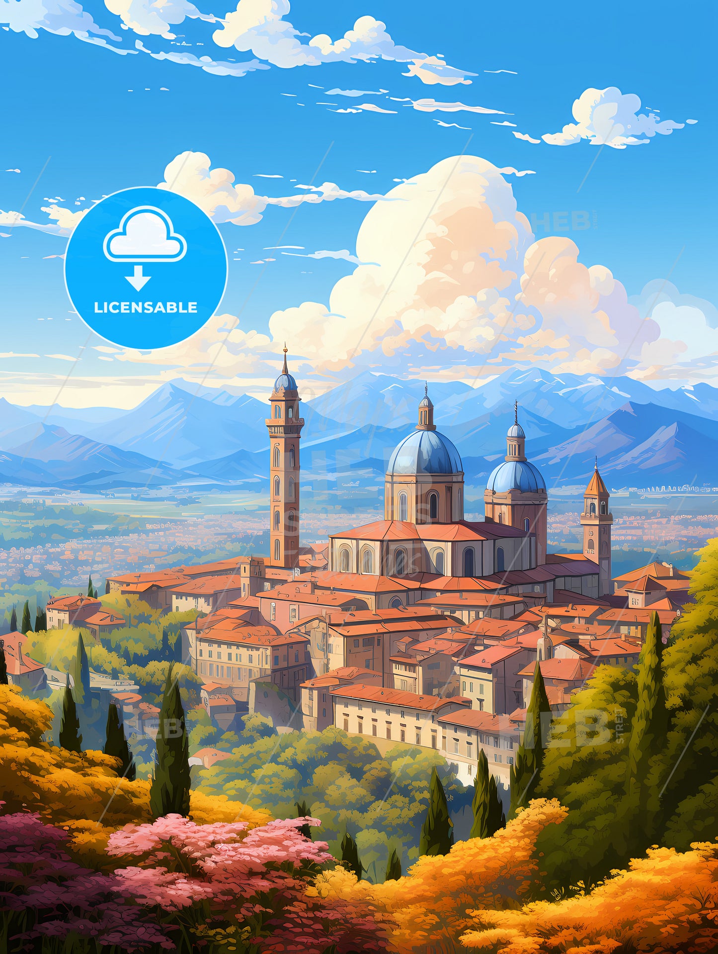 A Building With Towers And Trees In Front Of Mountains