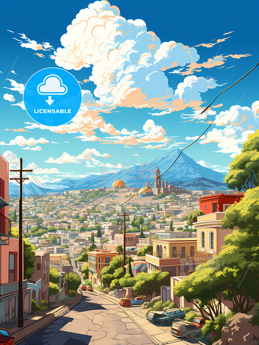 A City With Trees And Mountains In The Background